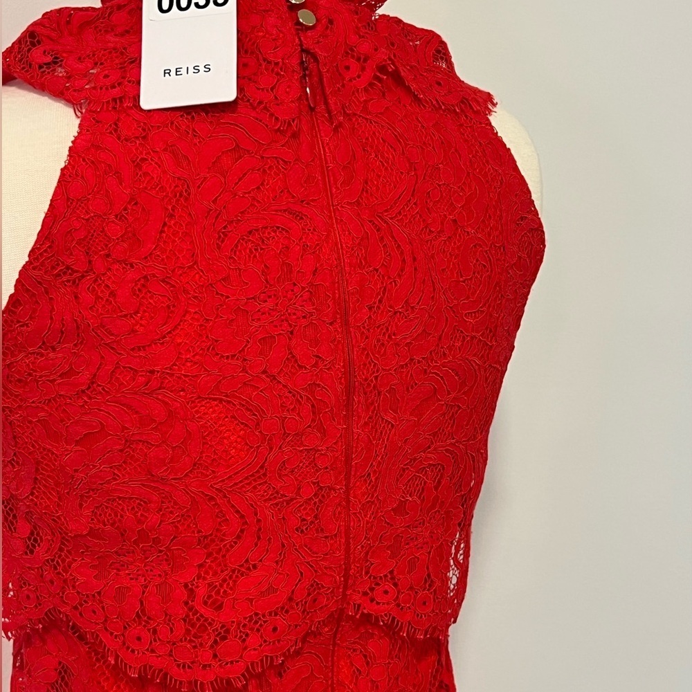 REISS Sophia Lace Overlay Dress China Red Tiered Size 4 NWT - Picture 5 of 11